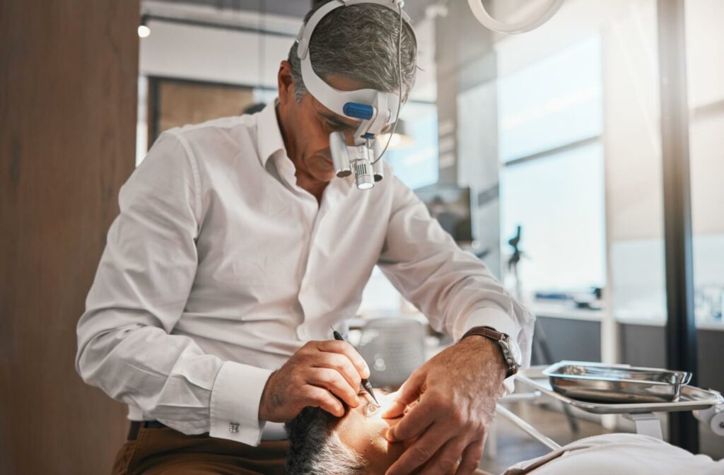 An ophthalmologist performs a cataract surgery.