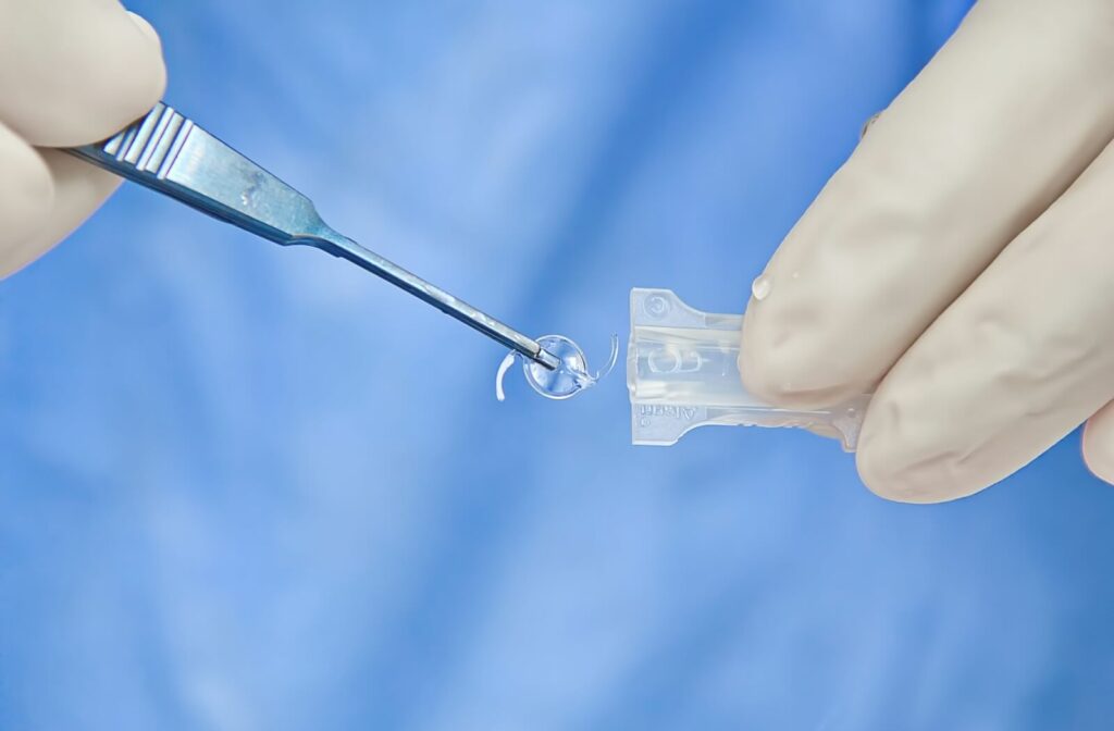 Close-up of gloved hands taking an intraocular lens (clear circle with arms) out of a case.